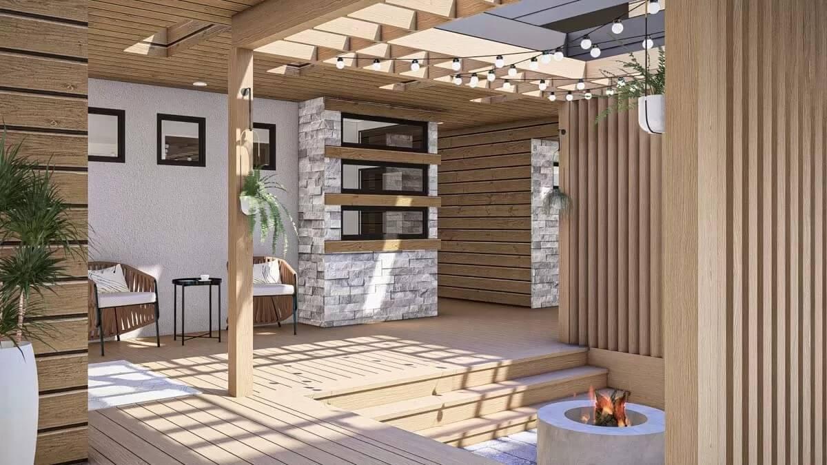 Warm Pergola-Covered Patio with String Lights and a Cozy Nook