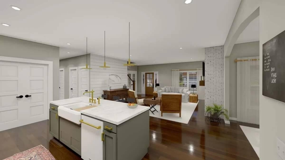 Farmhouse Kitchen with Eye-Catching Brass Fixtures and Open Living Space