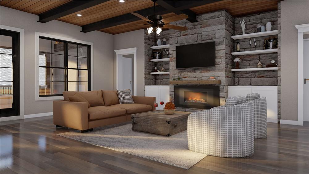 Cozy Craftsman Living Room Highlighting a Commanding Stone Fireplace
