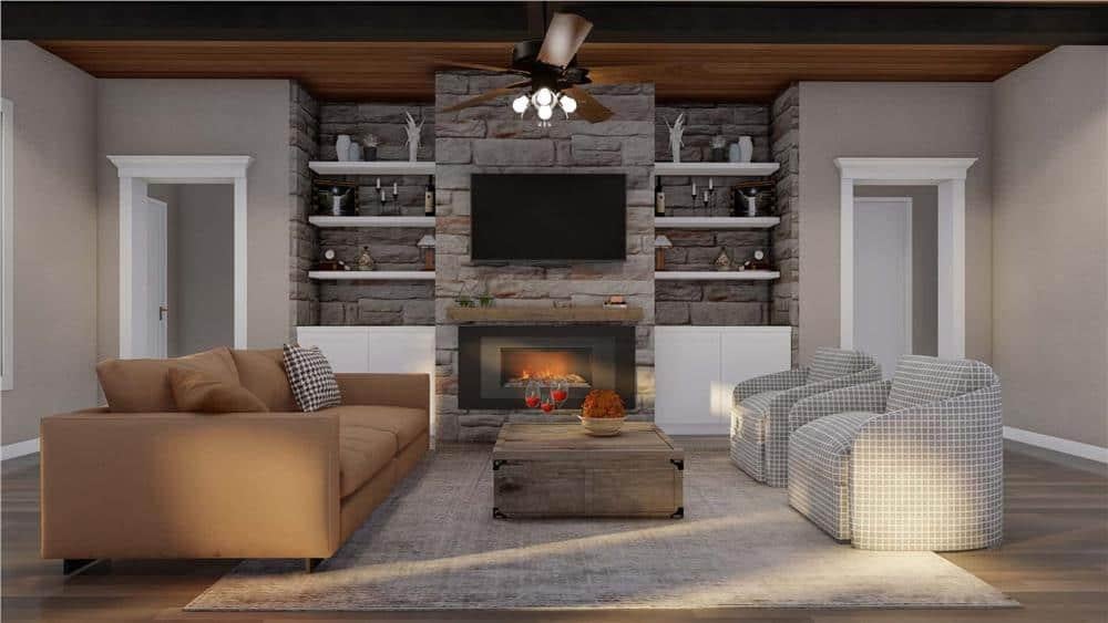 Modern Craftsman Living Room with a Striking Central Stone Fireplace