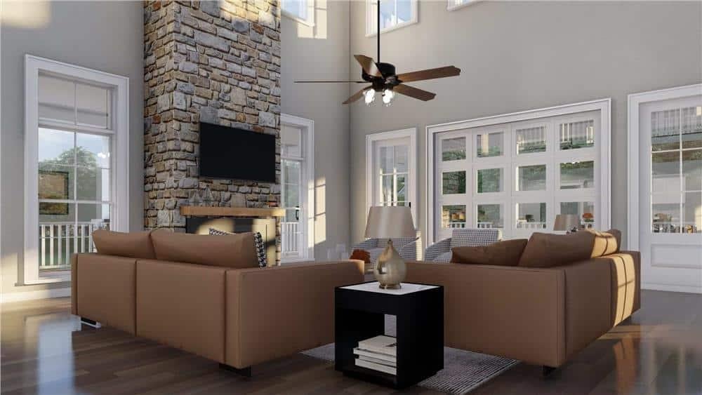Wow, Check Out That Stone Fireplace in This Grand Living Room