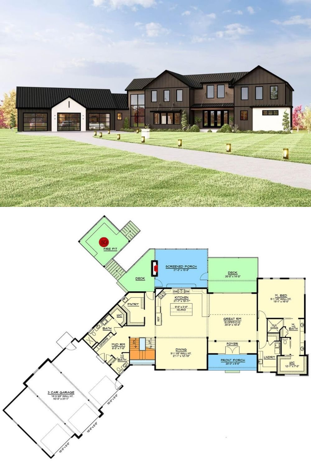 This 5-bedroom home features a bold contemporary barn-style design with a dark, modern exterior that commands attention. Vertical siding in deep hues is paired with sleek black metal roofing and clean geometric lines for a dramatic yet refined look. Large windows frame the façade and offer abundant natural light throughout the interior, while glass-panel garage doors and a contrasting light accent on one wing add modern visual interest.