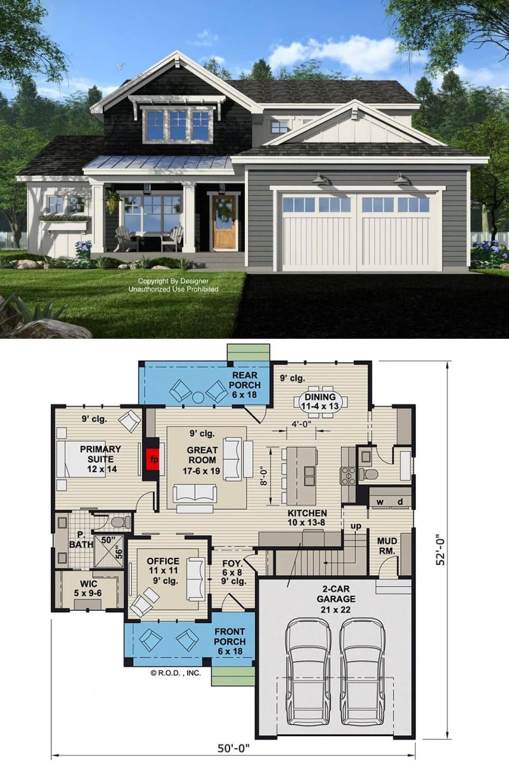This craftsman-inspired home blends classic charm with modern appeal through its contrasting exterior palette, board and batten siding, and gabled rooflines. Decorative brackets, a covered front porch with tapered columns, and a natural wood door offer an inviting curb appeal. The garage features carriage-style doors that complement the overall design.