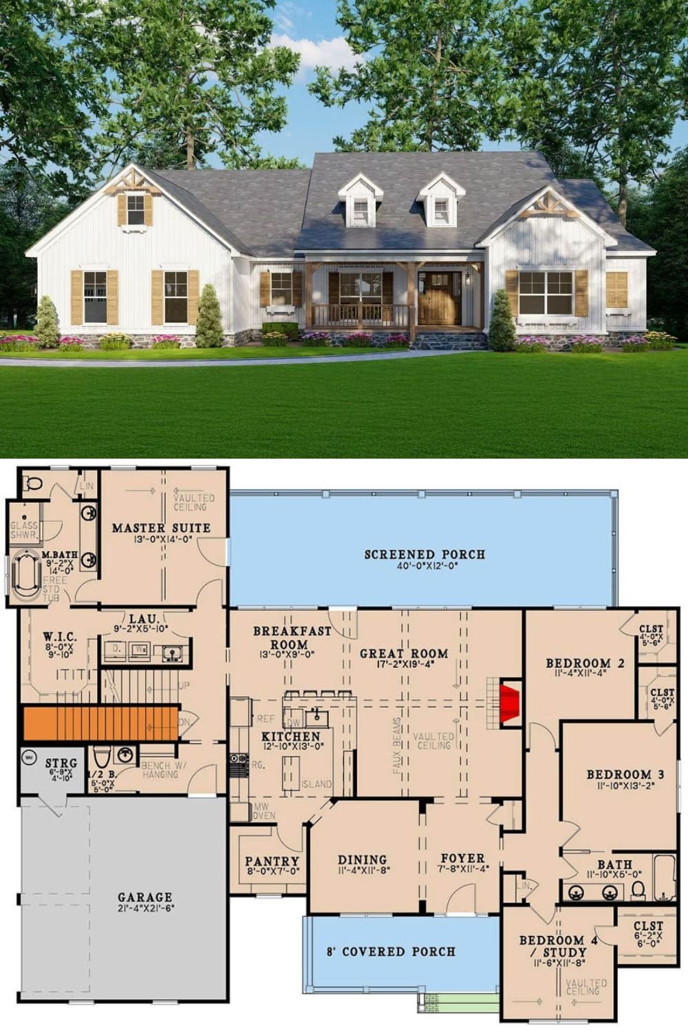 This 4-bedroom modern farmhouse features a welcoming exterior with a harmonious blend of traditional and rustic elements. The facade showcases white board and batten siding, complemented by natural wood accents on the shutters and front door. Decorative gable trusses and dormer windows add character and architectural interest, while the inviting front porch supported by wood posts provides a cozy and approachable feel.