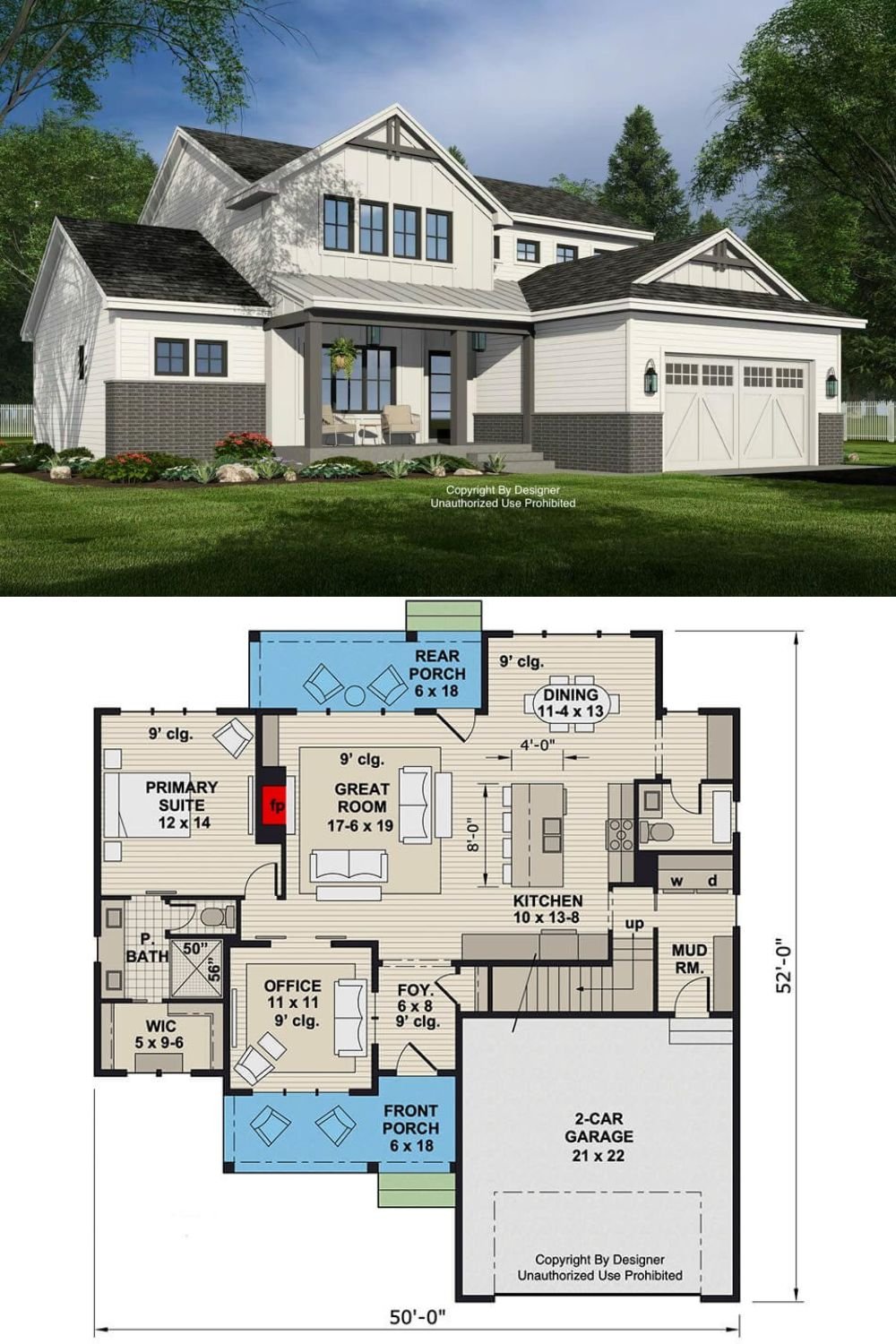 This modern farmhouse exudes charm with its classic white siding, black-framed windows, and contrasting dark brick skirting. Decorative gable trusses and a covered front porch add warmth and character, while the metal roof over the entry gives a touch of modern appeal.
