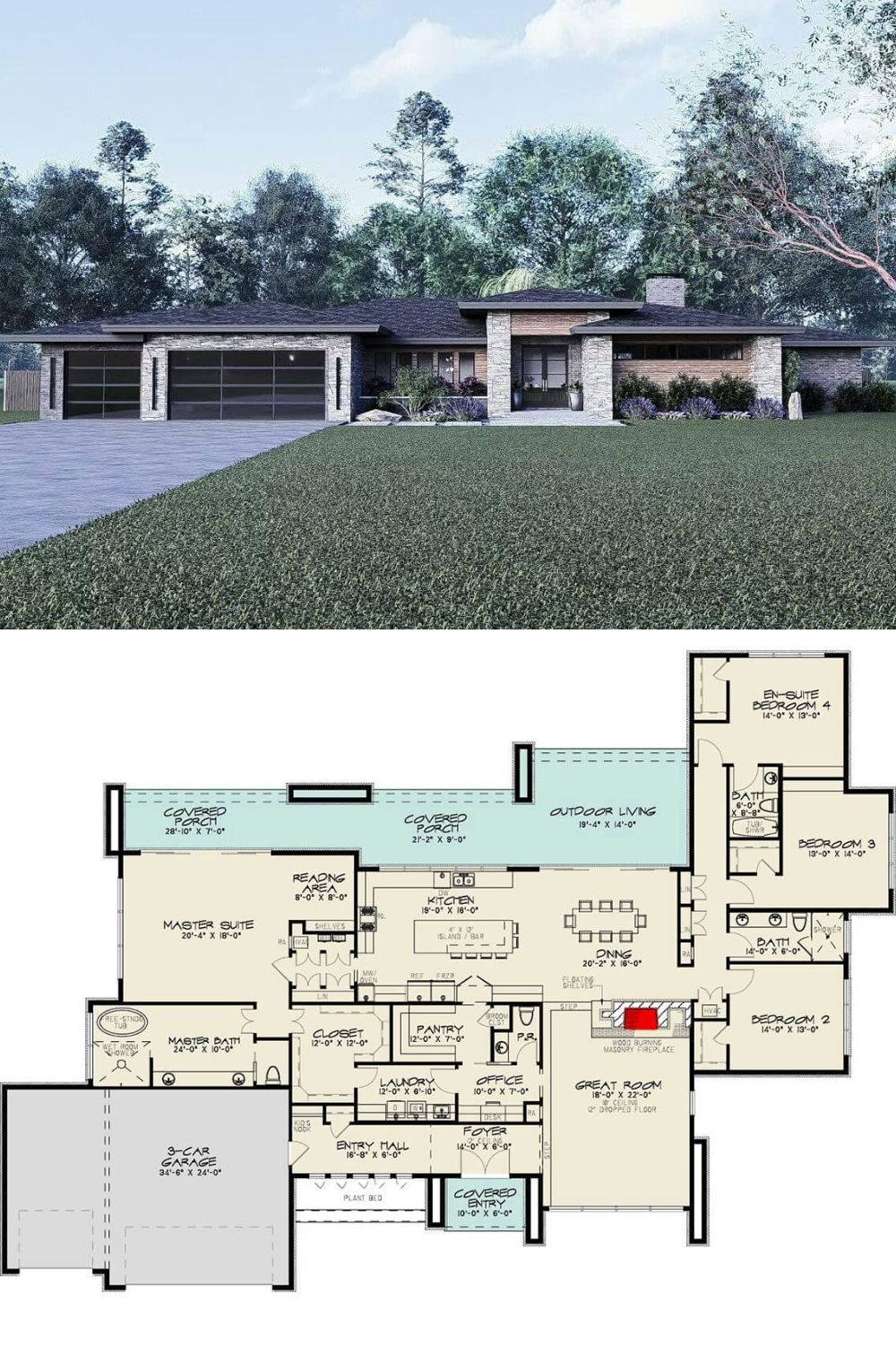 This prairie-style home features a striking exterior that combines clean lines with natural materials for a bold yet timeless look. Stone accents, horizontal siding, and flat rooflines with wide eaves create strong architectural interest, while large, modern garage doors add a contemporary touch. A recessed covered entry, framed by robust columns, offers a warm and inviting welcome.