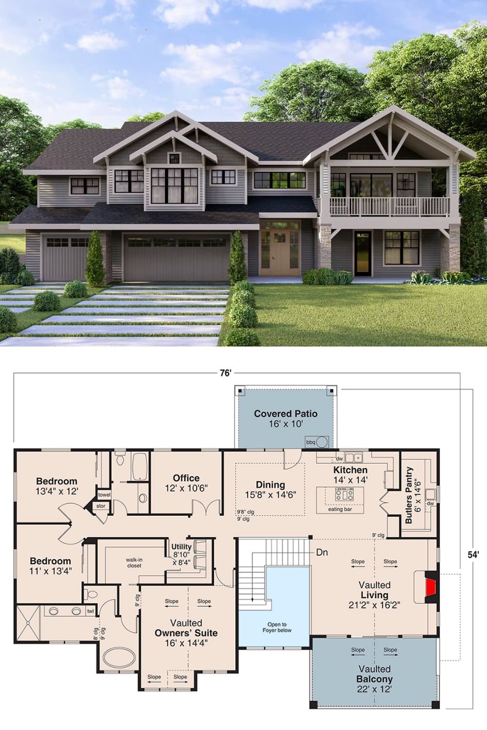 This rustic craftsman home showcases a striking exterior with rich architectural details. Decorative trusses, tapered columns, and multi-paned windows create a bold yet welcoming impression. A deep front porch and upper-level balcony provide inviting outdoor spaces that complement the home’s symmetrical facade and craftsman-style charm. The attached three-car garage is seamlessly integrated, supporting both form and function.