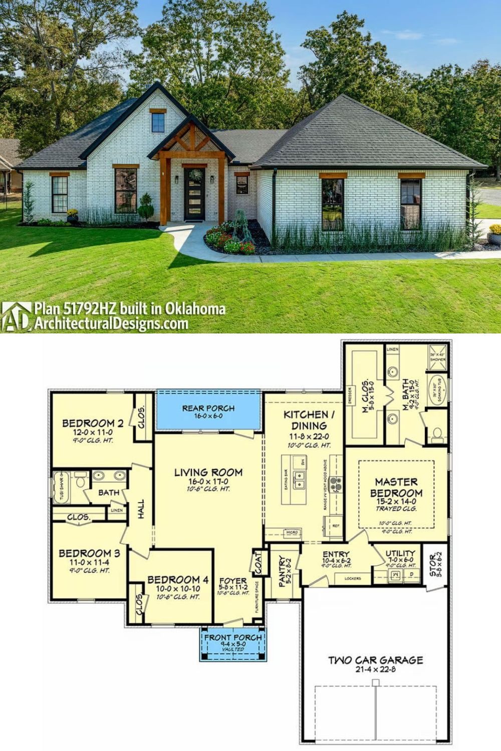 This traditional home pairs painted brick walls with warm wood accents, anchored by a prominent gabled entry. Crisp lines and modern details infuse classic appeal with contemporary flair. A neutral palette and natural materials create a welcoming, timeless façade.