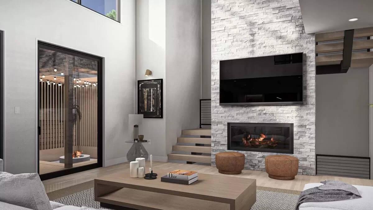 Warm Living Room with Stone Fireplace and Black Accents