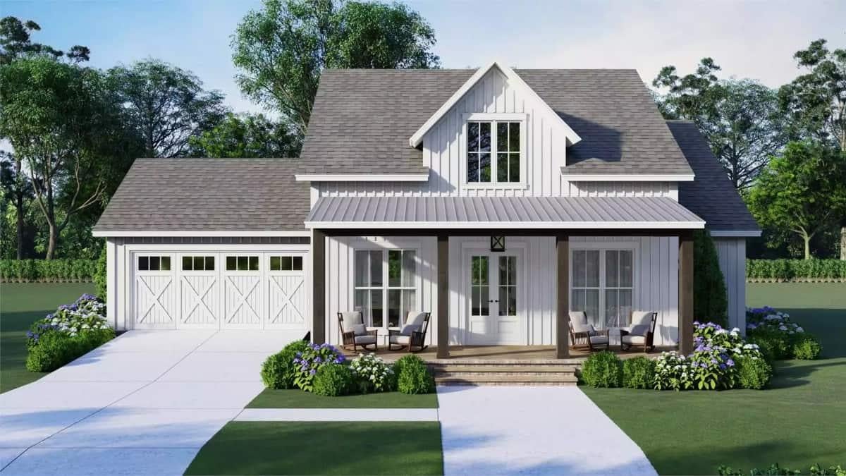Inviting Front Porch with Classic Barn Doors on the Garage