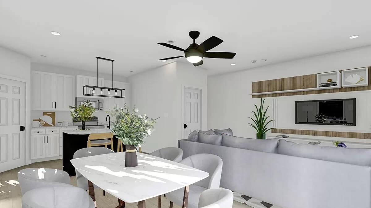 Open Living Space with Modern Fan and Integrated Storage