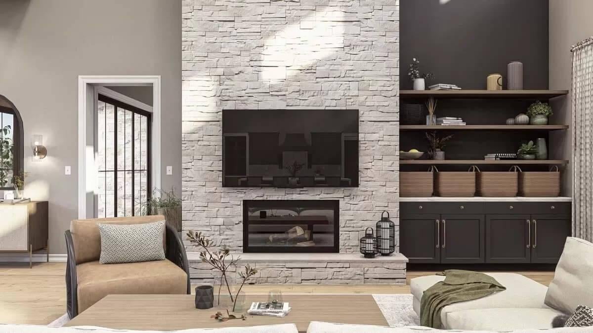 Striking Stone Fireplace Paired with Elegant Built-In Shelving