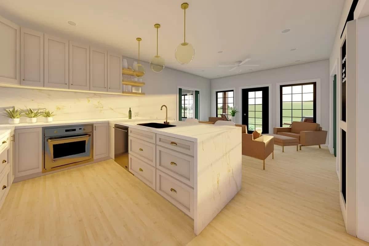 Elegant Kitchen Design with Open Shelving and Subtle Marble Accents
