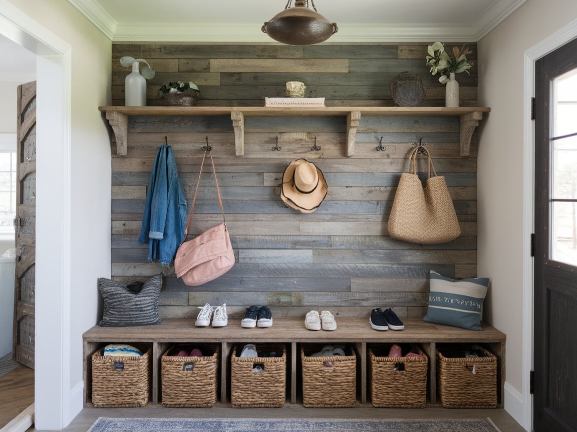 19. Farmhouse Entryway with Storage Solutions