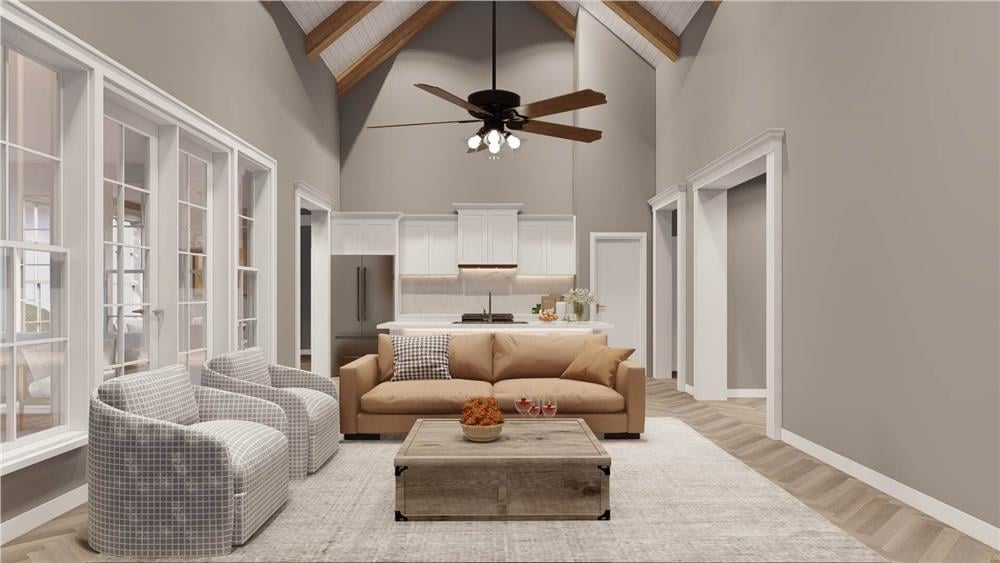 Light-Filled Living Space with Vaulted Ceilings and Rustic Beams