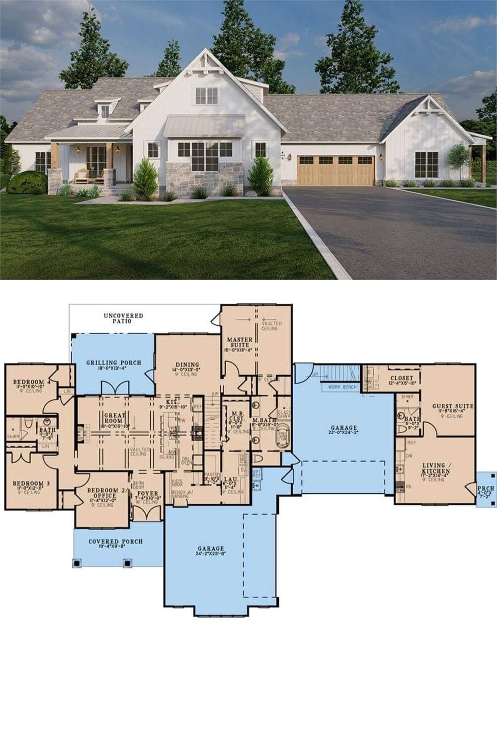This 5-bedroom farmhouse blends traditional charm with contemporary convenience. The exterior features white board and batten siding, complemented by stone accents and tasteful wood detailing. Large windows, inviting gables, and a covered porch provide a welcoming appearance, while an attached garage enhances functionality.