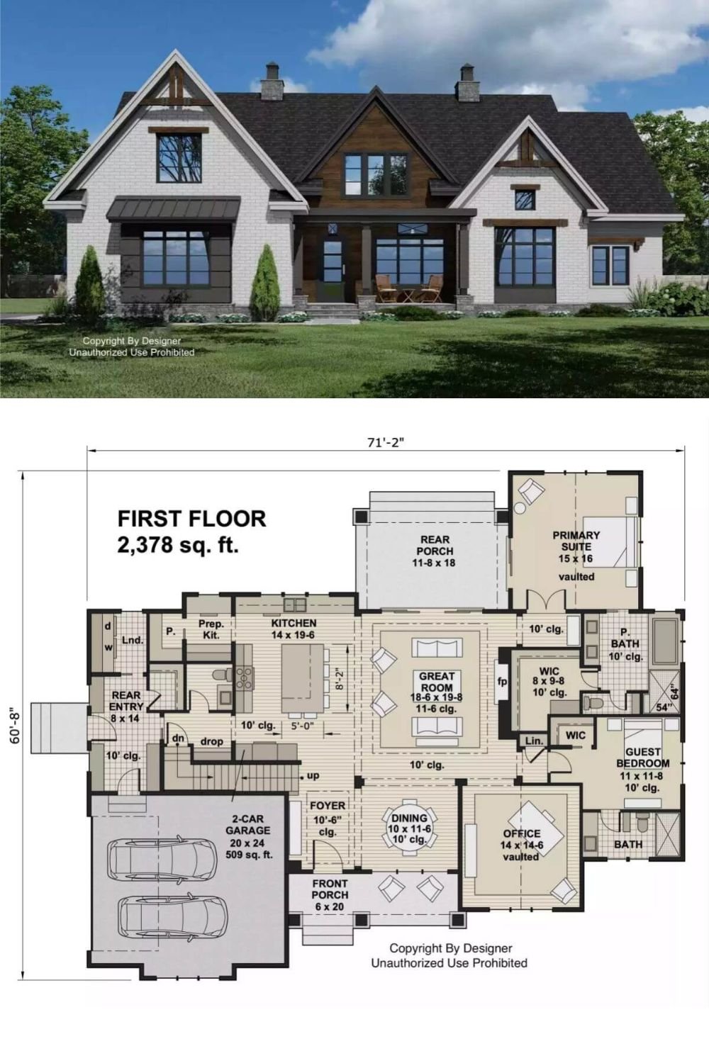 This contemporary farmhouse blends traditional charm with modern elements featuring a combination of white brick and wooden accents, complemented by dark-framed, expansive windows, and a sophisticated black roof. Architectural details include a covered front porch supported by stately pillars and sleek gable ends that give the house an inviting appeal.