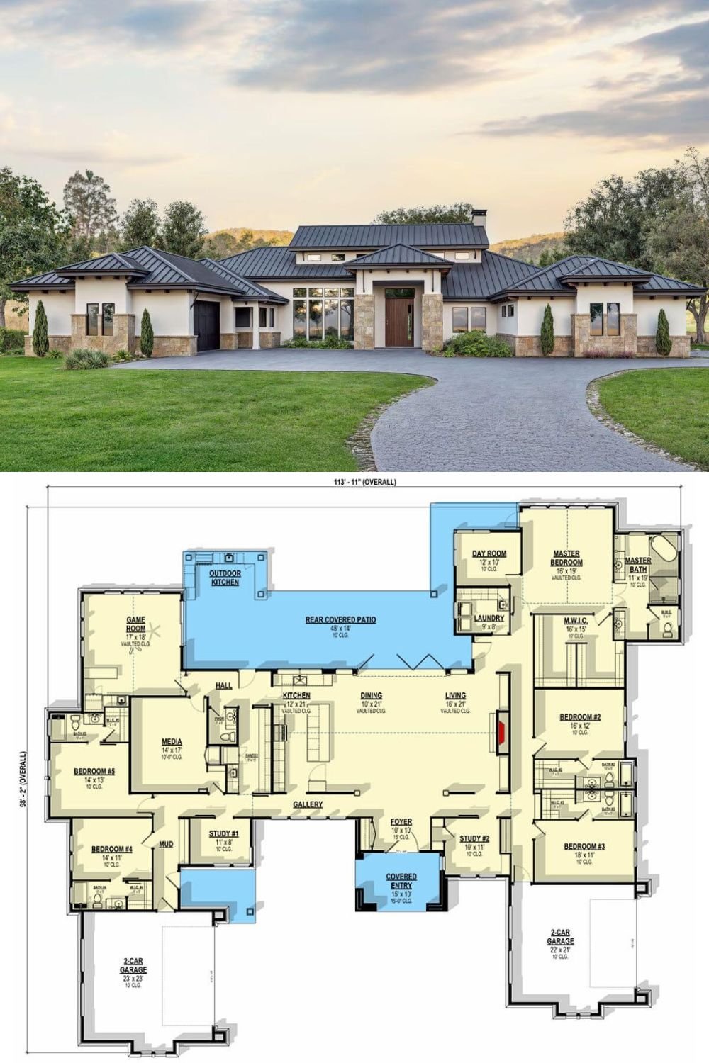 This 5-bedroom home features a striking blend of modern and Texas Hill Country architectural elements showcasing clean lines, low-pitched rooflines, and an elegant combination of materials. The exterior is composed of light stucco complemented by stone accents and a sleek metal roof, giving the residence a grounded yet contemporary appearance. Large windows and a prominent covered entry flanked by stone columns create a bold yet welcoming first impression, while the symmetrical wings enhance the home’s balanced and sophisticated curb appeal.