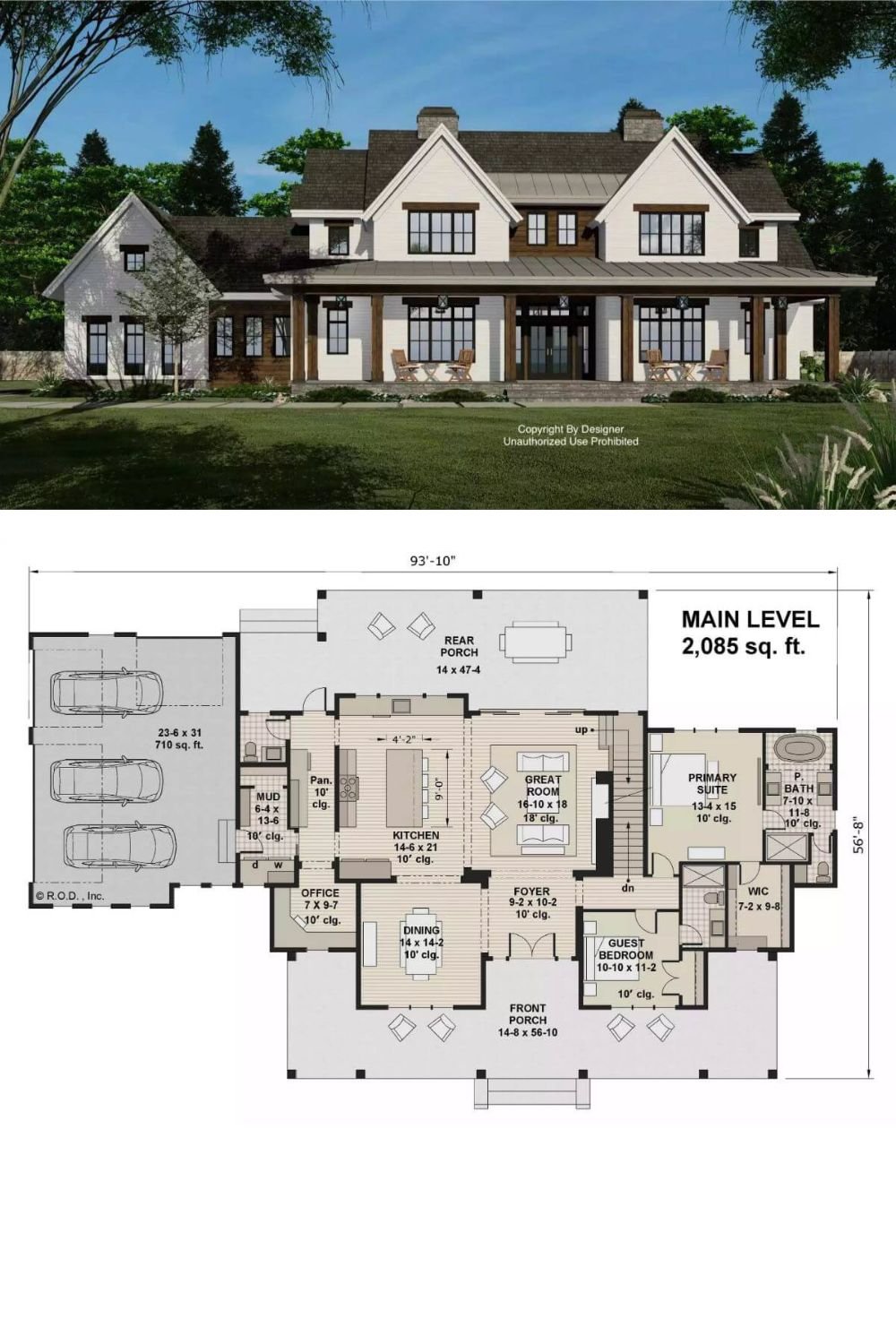 This two-story modern farmhouse features a symmetrical facade with pitched gables, black-trimmed windows, and a wide front porch supported by wooden columns. The exterior combines traditional farmhouse elements with modern updates, including a metal roof and clean lines.