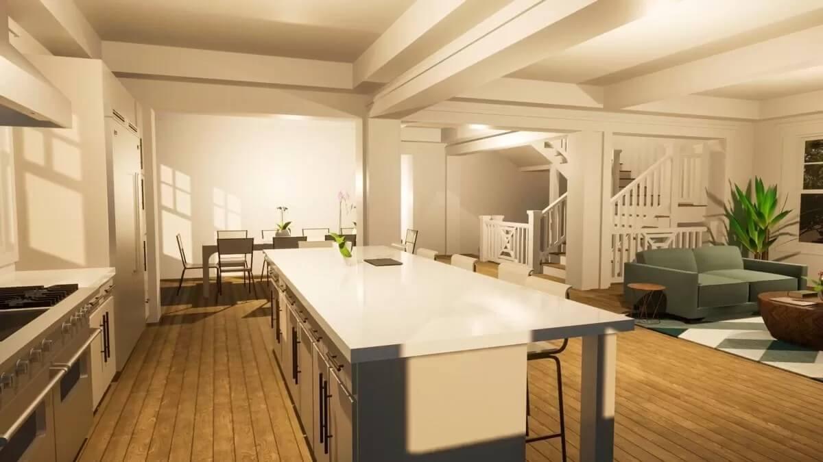Spacious Kitchen Island Leading to a Cozy Living Space