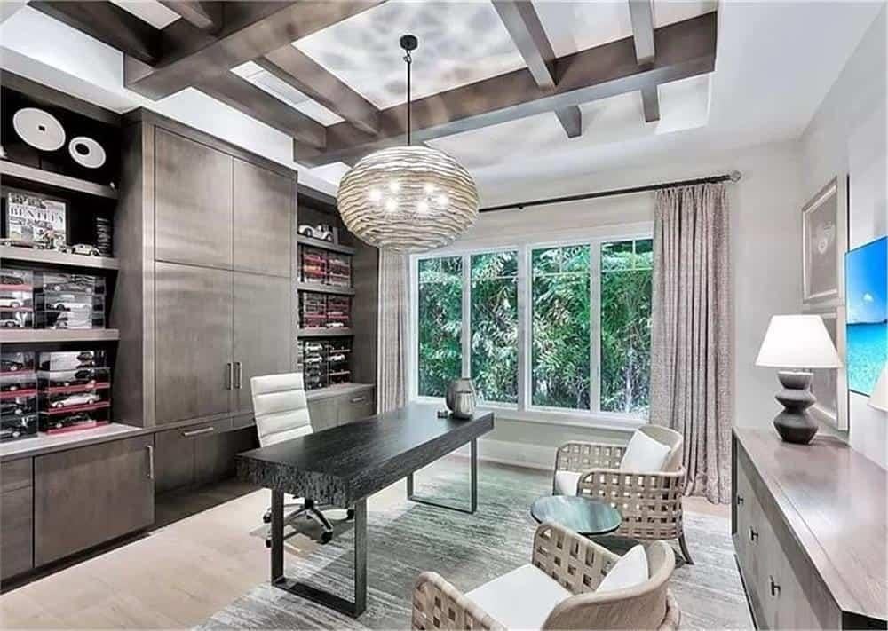 Notice the Intricate Coffered Ceiling in This Elegant Home Office