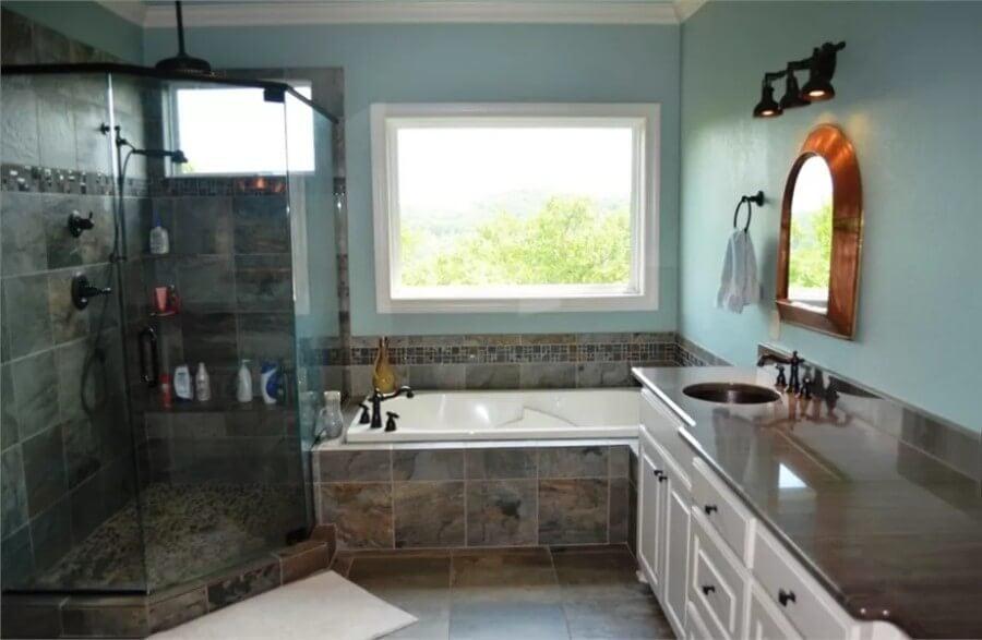 Walk-In Shower and Tub Combo with a Treehouse View
