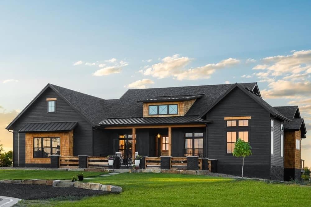 Striking Dark Exterior with Warm Wood Accents