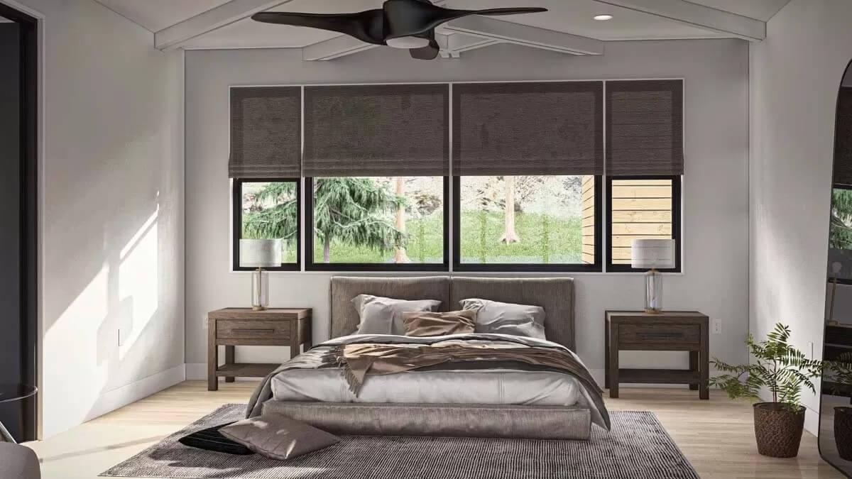 Modern Bedroom with Vaulted Ceiling and Oversized Fan