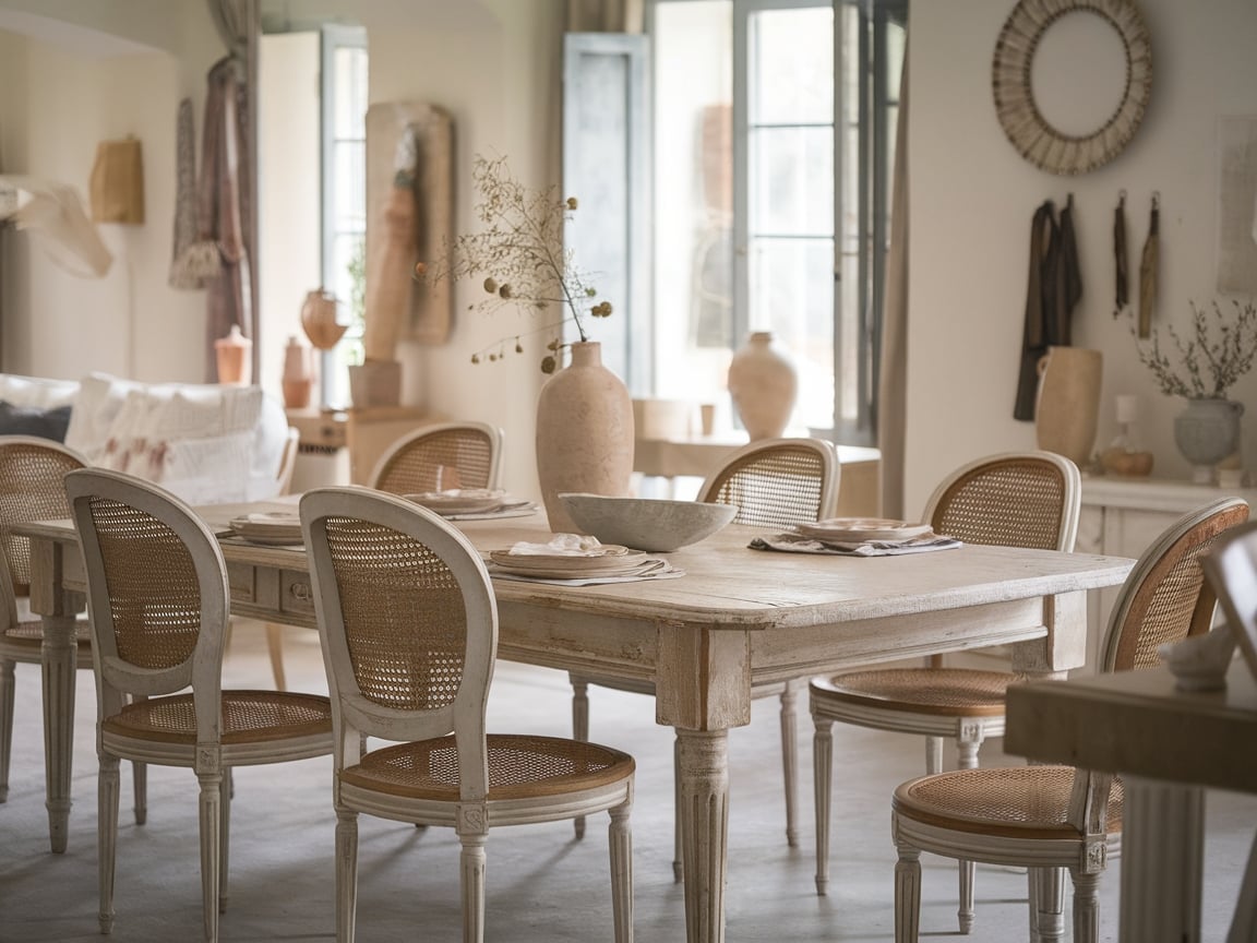 22. Elegant French Country Dining Room with Cane-Back Chairs