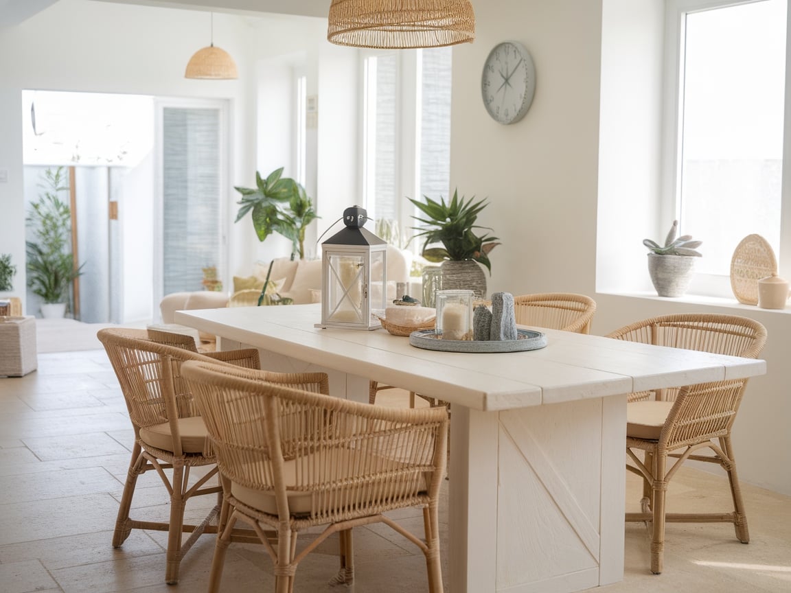 4. Coastal Dining Room with Woven Rattan Chairs