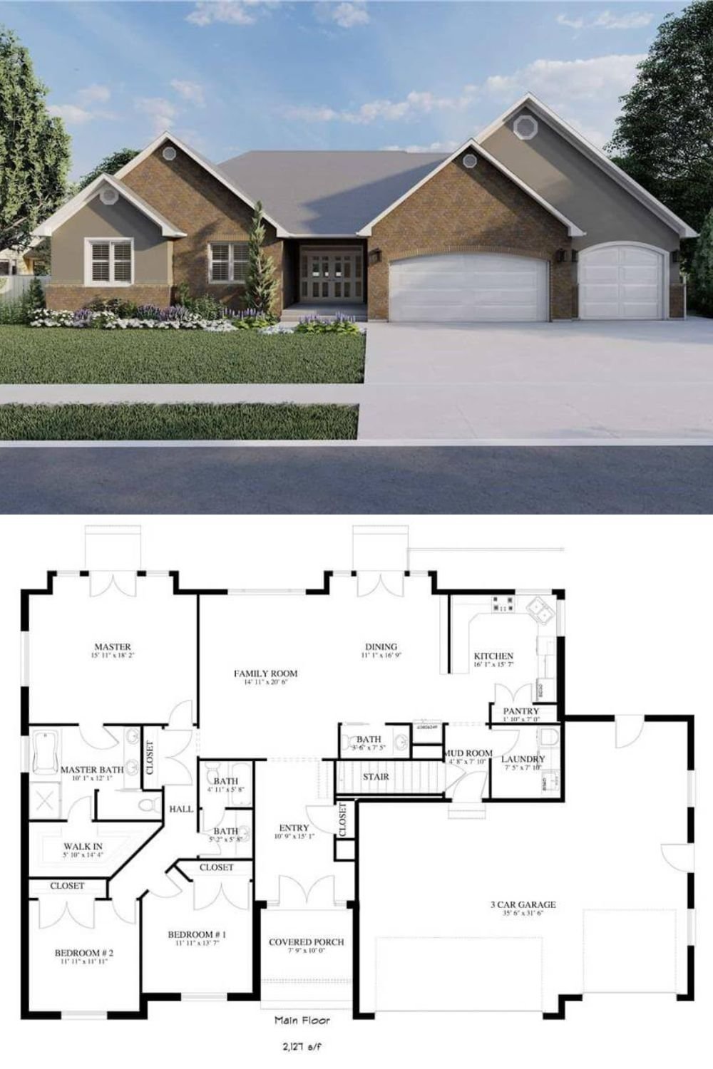 This country-style home introduces a stylish blend of brick and smooth wall finishes, with a welcoming covered porch set between two forward-facing gables. A three-car garage anchors the right side of the home, balancing the facade and offering plentiful space for vehicles and storage. The gently sloping rooflines and classic entryway create a warm, inviting presence.