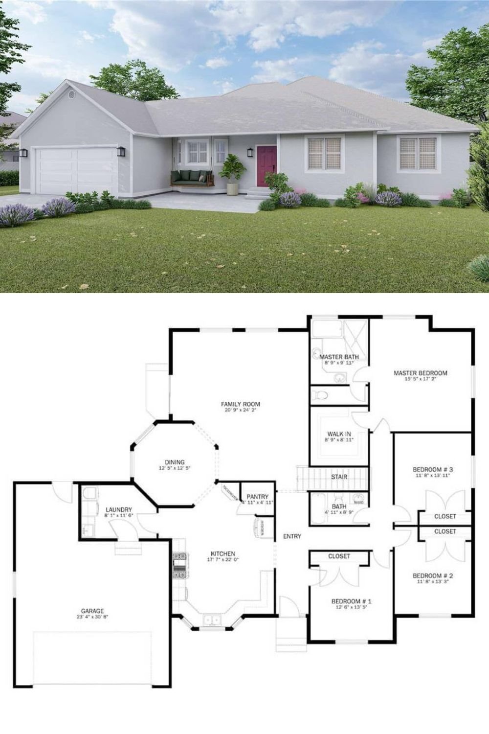 This traditional-style home showcases a clean, transitional appeal emphasized by its neutral facade and gently pitched rooflines. A two-car garage is positioned on one side, blending seamlessly with the home’s structure. A welcoming front porch sits at the entryway, highlighting a pop of color on the door that offers a bright, inviting touch