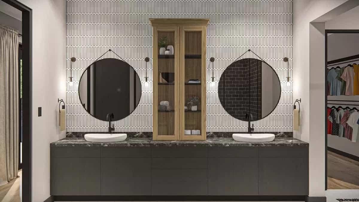 Bold Bathroom Design Featuring Dual Round Mirrors and Statement Wallpaper