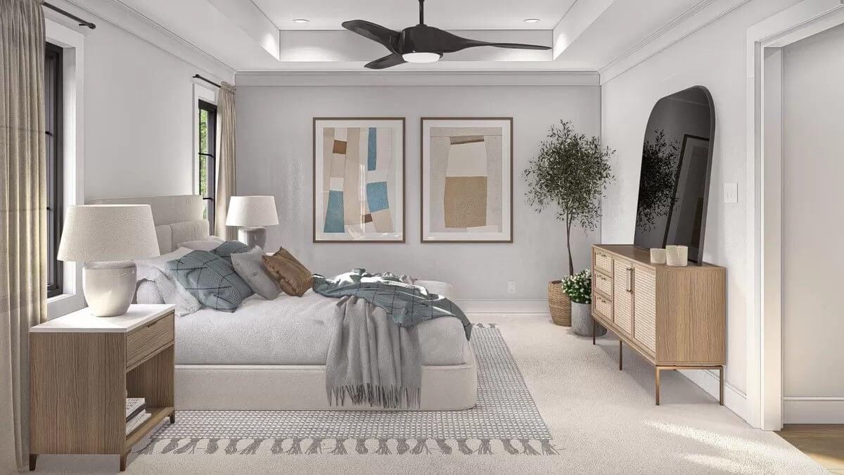 Relaxing Bedroom Retreat with Unique Ceiling Fan and Textured Art