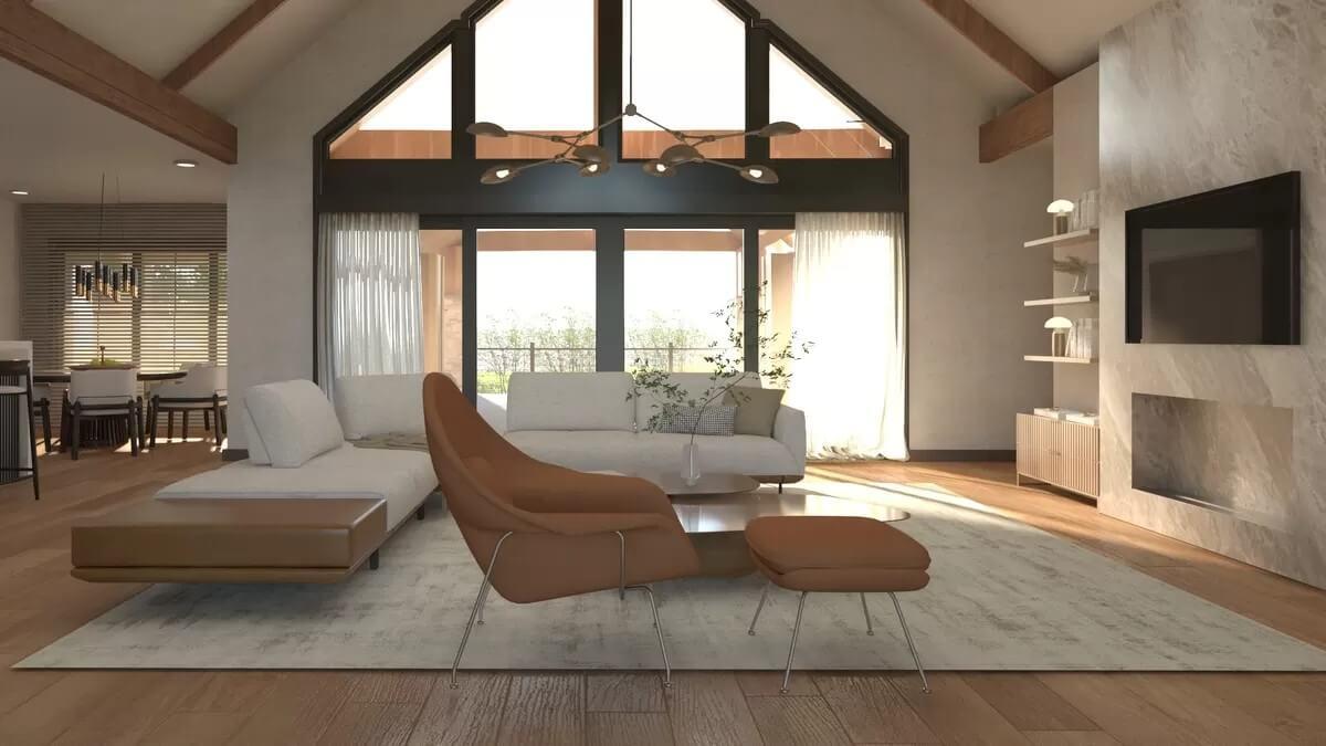 Marvel at the Vaulted Ceiling and Bold Lighting in This Sunlit Living Room