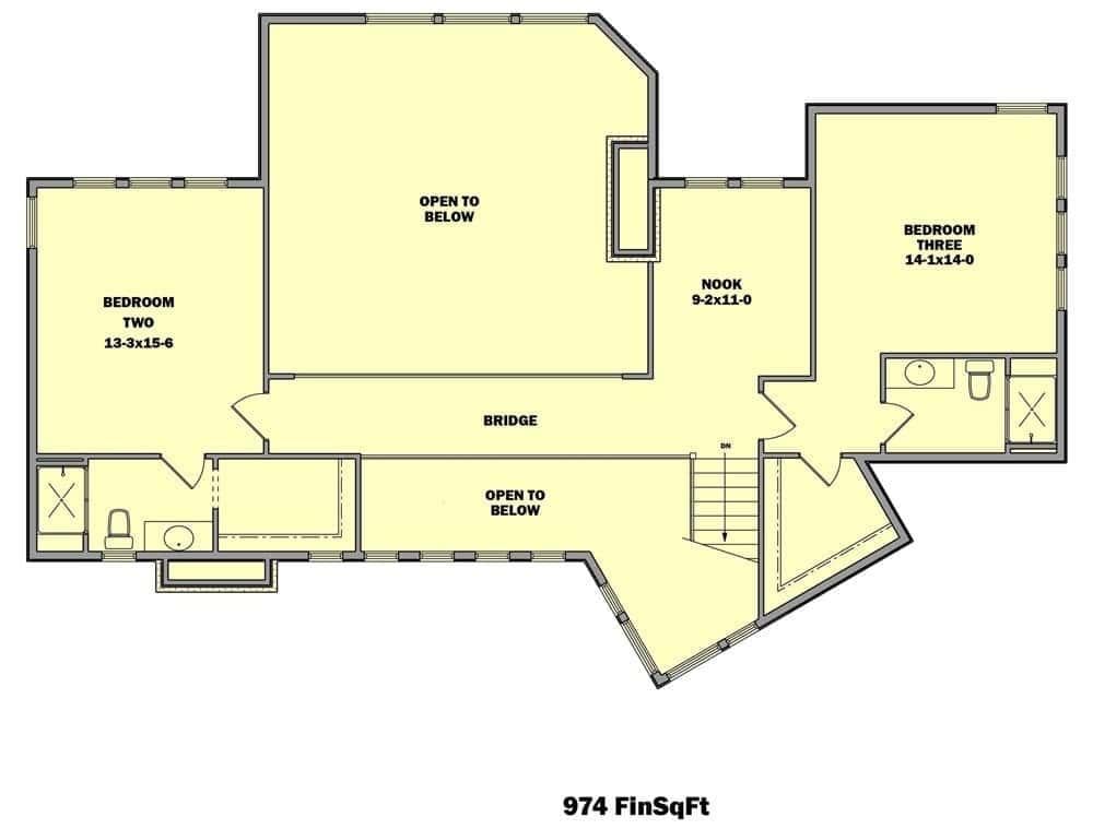 Upper Floor Overview with a Central Bridge and Private Bedrooms