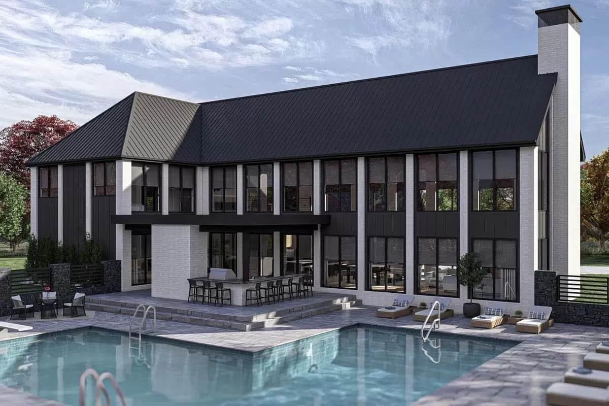 Stunning Backyard with Black Clad Contrast and an Inviting Poolside Bar