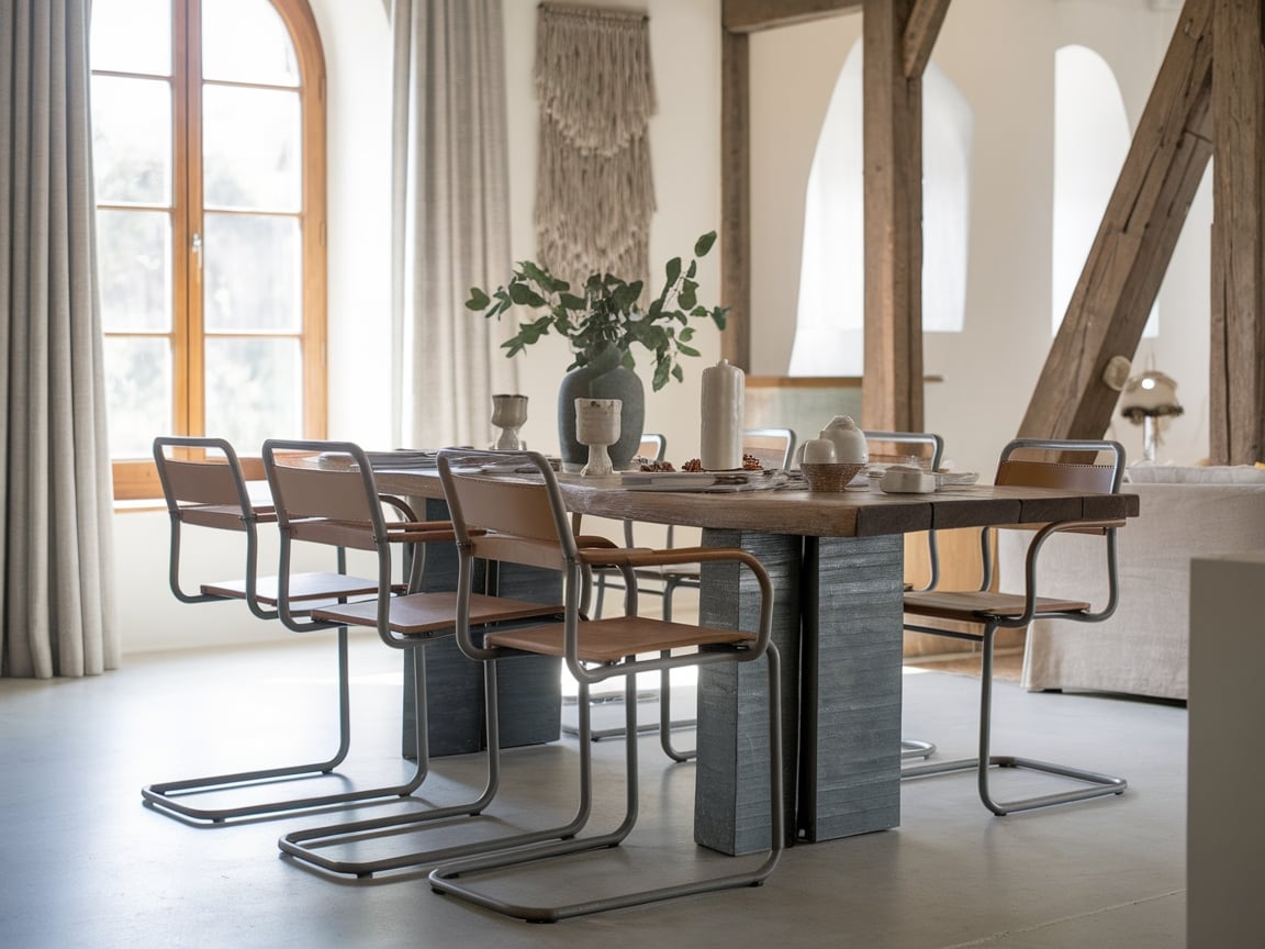 17. Modern Rustic Dining Room with Metal and Wood Chairs