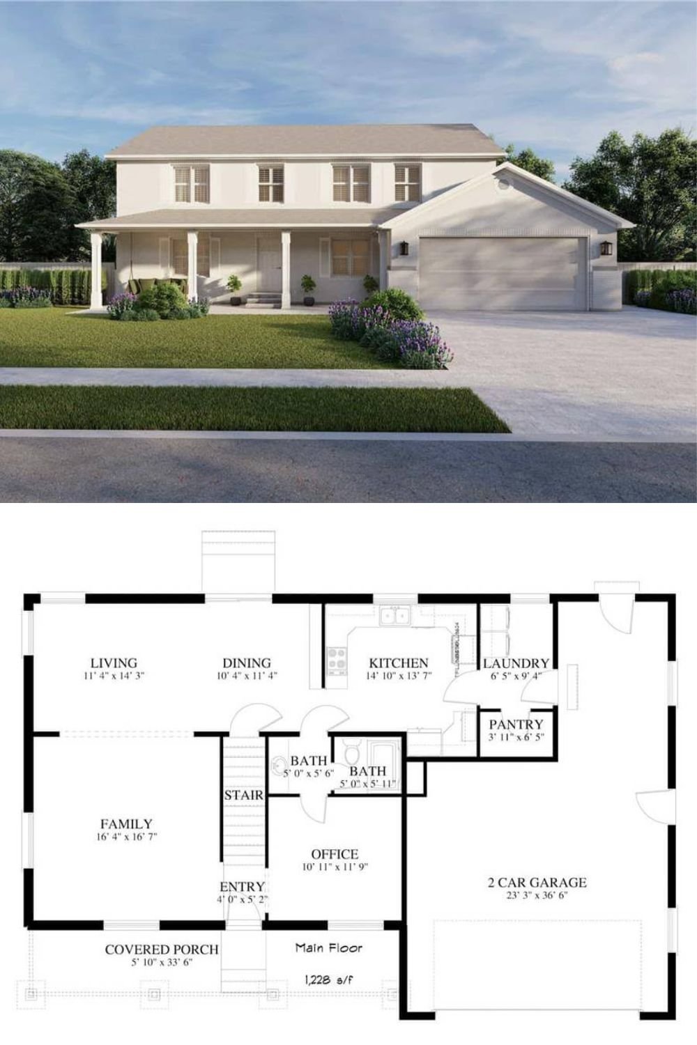 This traditional country-style home offers a clean and symmetrical facade with a warm, welcoming front porch that stretches across the entry. The exterior features light-colored siding, classic trim accents, and a gabled roofline that complements its timeless farmhouse character. A two-car garage is conveniently located to the side of the home, seamlessly blending with the structure’s architecture while adding practical functionality.