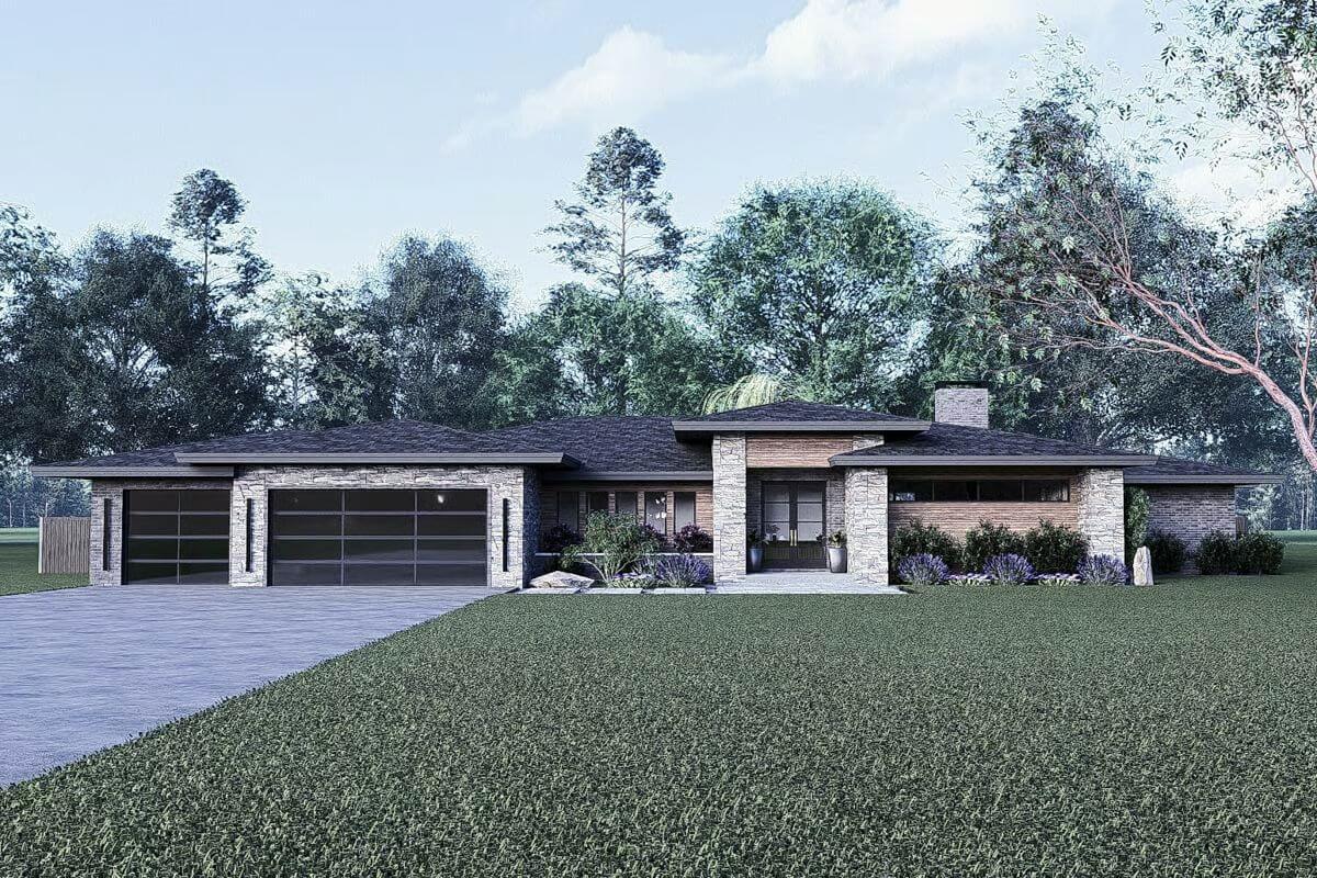 Prairie-Style Home with 4 Bedrooms and 3-Car Garage (Floor Plan)