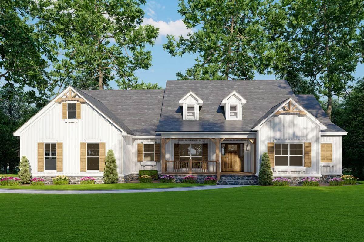 4-Bedroom Modern Farmhouse for a Sloped Lot with Bonus Room (Floor Plan)