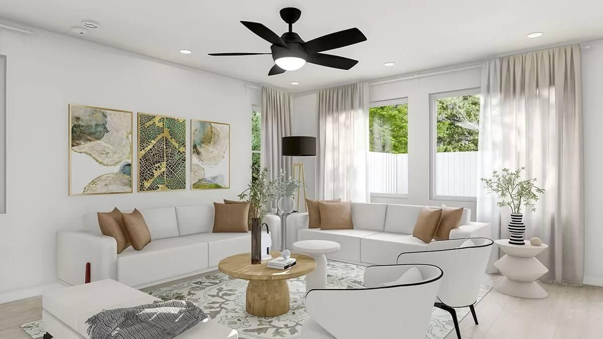 Stylish Living Room with Chic Ceiling Fan and Layered Textures