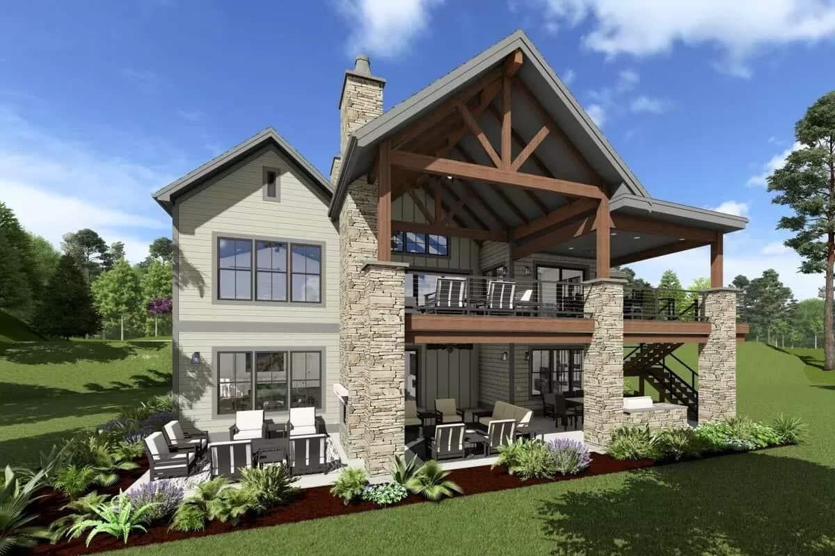 Check Out the Timber-Framed Balcony Above a Cozy Patio