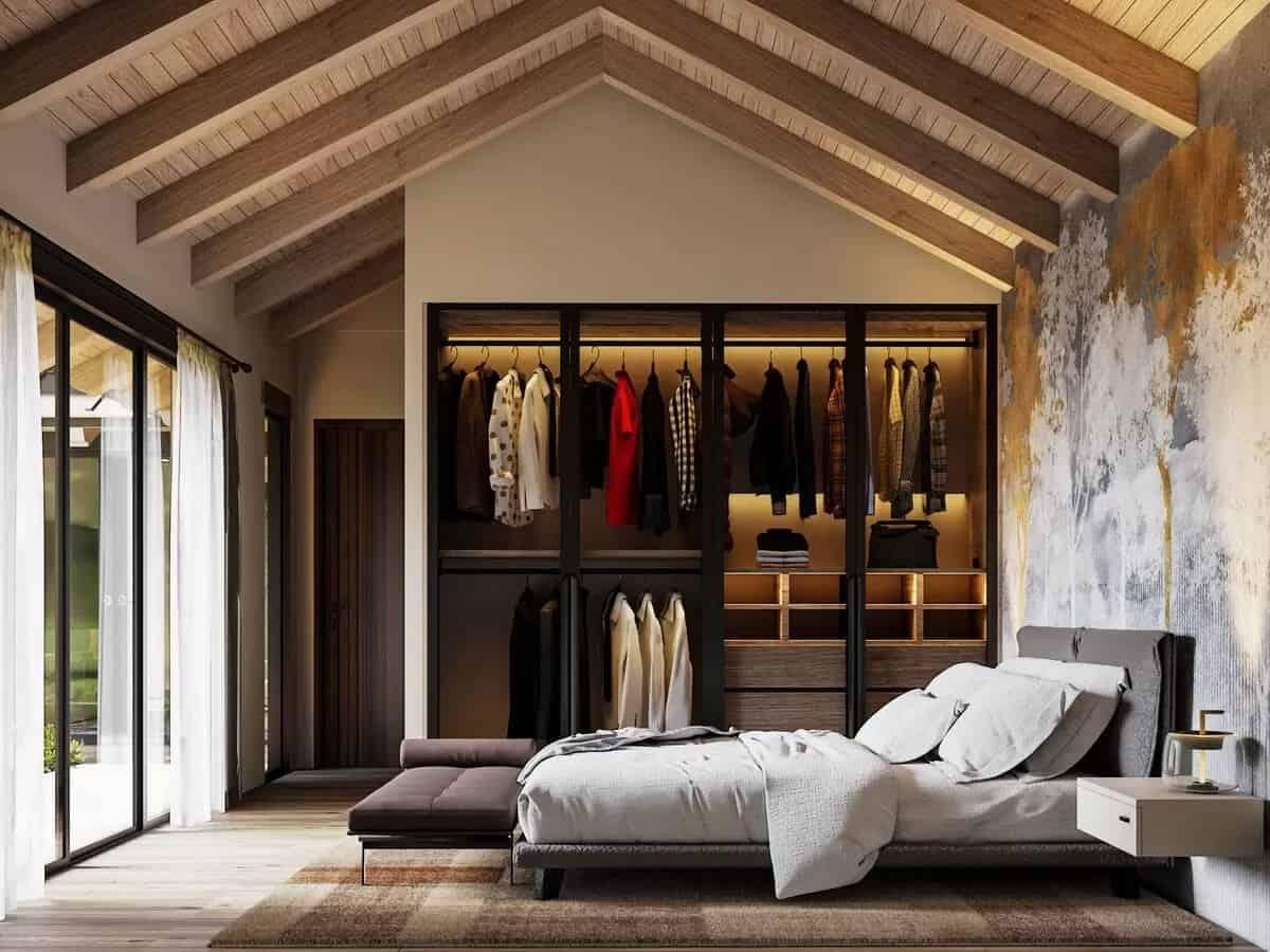 Check Out the Vaulted Ceilings and Stylish Open Closet in This Bedroom