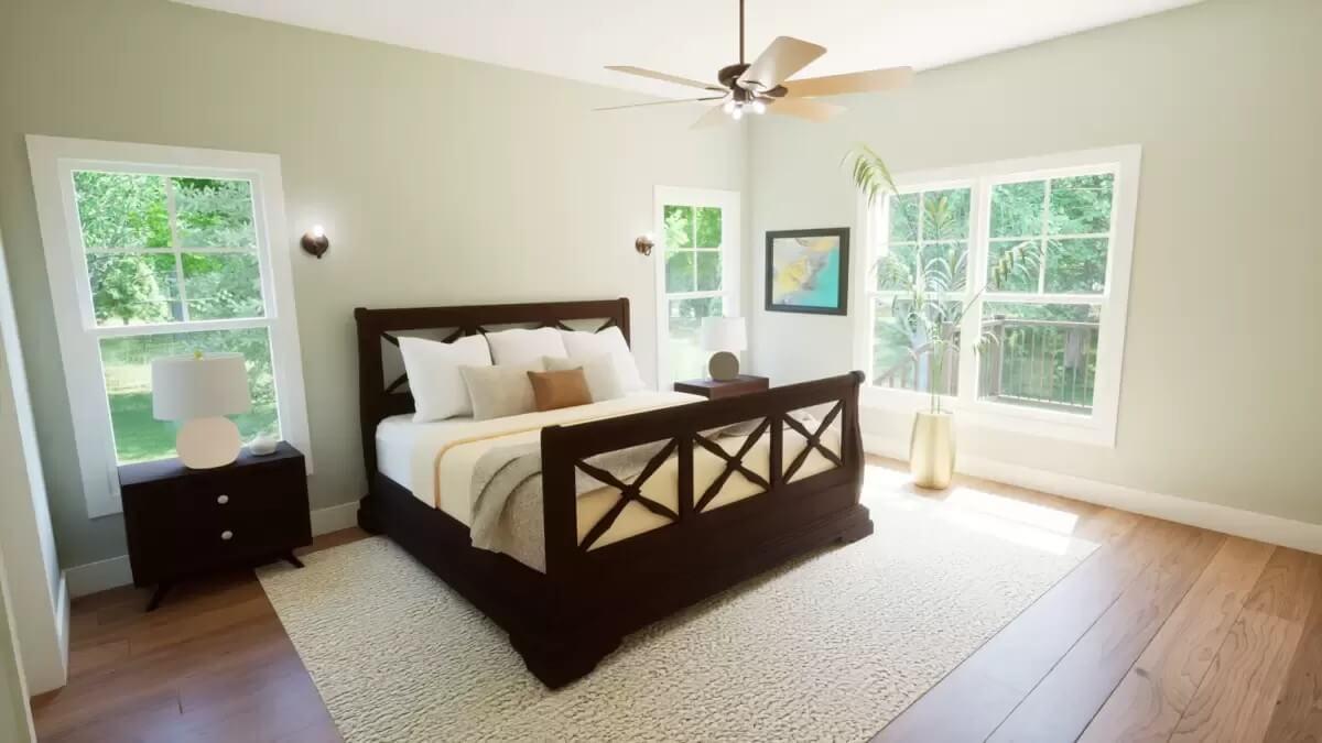 Serene Bedroom with Large Windows and Rich Wood Tones