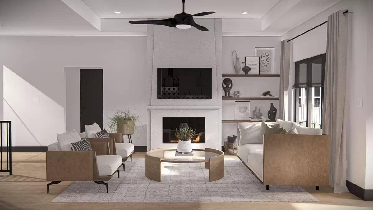 Modern Living Room with Sleek Fireplace and Chic Floating Shelves