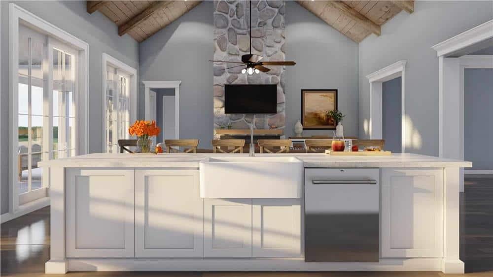 Check Out the Stone Fireplace Centerpiece in This Open Kitchen Design