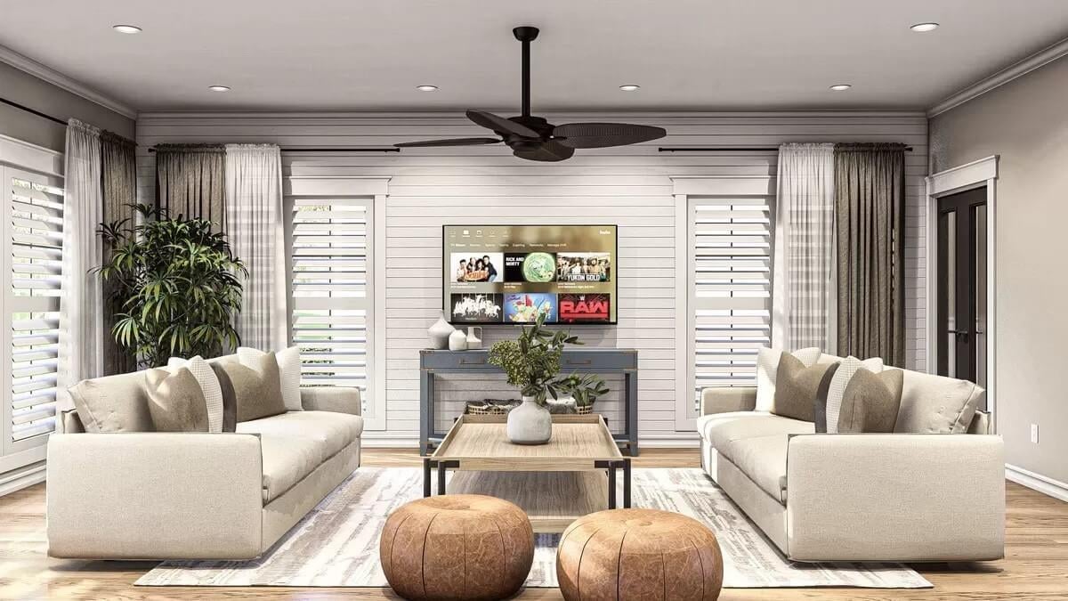 Balanced Living Room with Sleek Ceiling Fan and Shuttered Windows