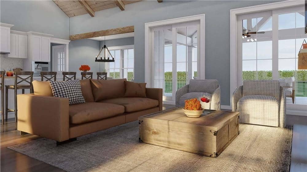 Check Out the Vaulted Ceiling and Exposed Beams in This Craftsman Living Space