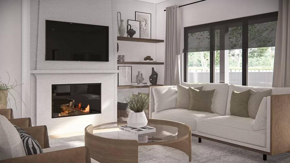Modern Living Room with Textured Fireplace and Thoughtful Shelving